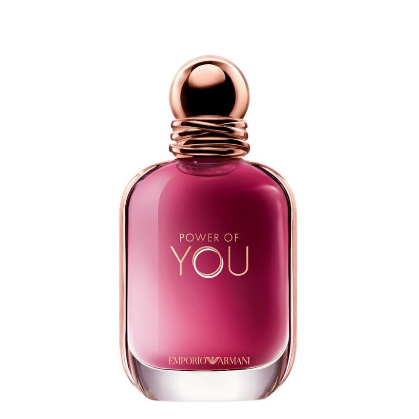 Power of You Eau de Parfum Pink perfume bottle with rose gold cap on a white background