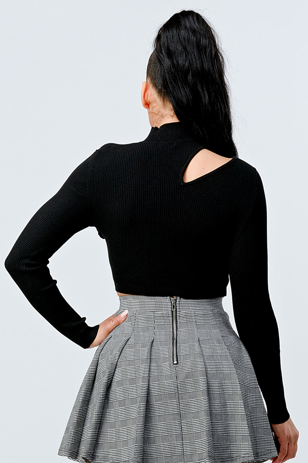 Black LUX SWEATER RIB CUTOUT MOCK NECK CROP TOP
