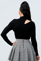 Black LUX SWEATER RIB CUTOUT MOCK NECK CROP TOP