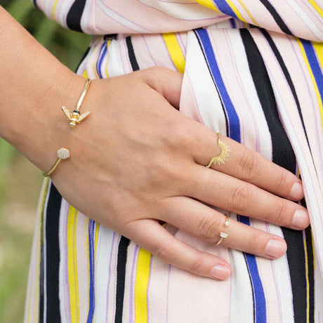 model wearing "BEE Mine!" 14 Karat Gold Plated and Signity CZ Bee Flex Cuff