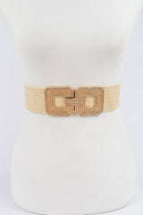 Beige woven belt with gold accents on a mannequin against a white background