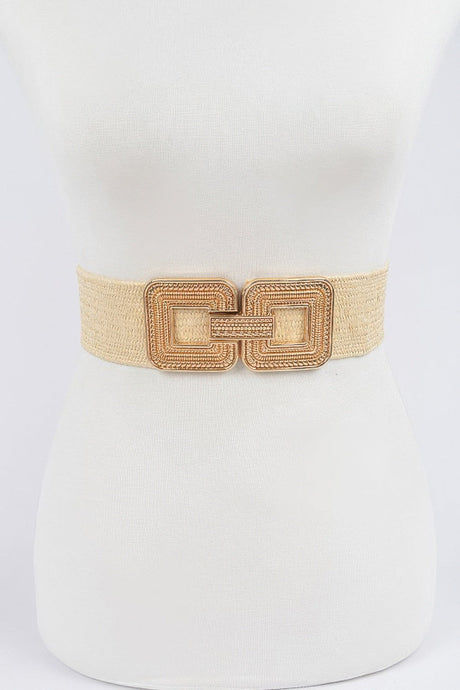 Beige woven belt with gold accents on a mannequin against a white background