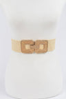 Beige woven belt with gold accents on a mannequin against a white background