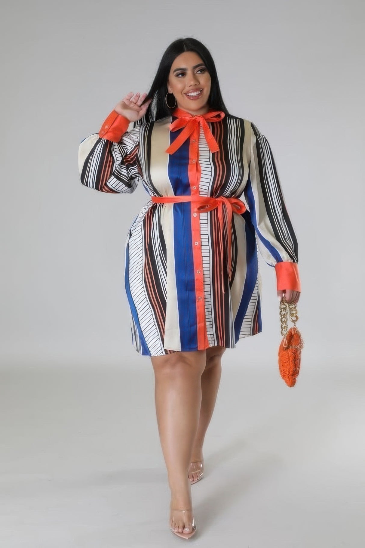 Black and Ruse Plus Size Striped Self Tie Dress back