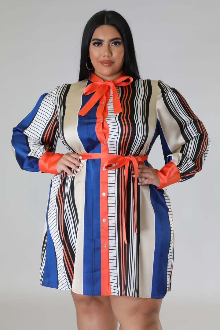Black and Ruse Plus Size Striped Self Tie Dress