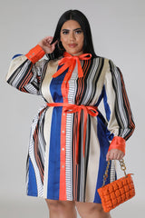 Black and Ruse Plus Size Striped Self Tie Dress front