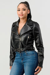 Black Zipped Up Faux Leather Jacket