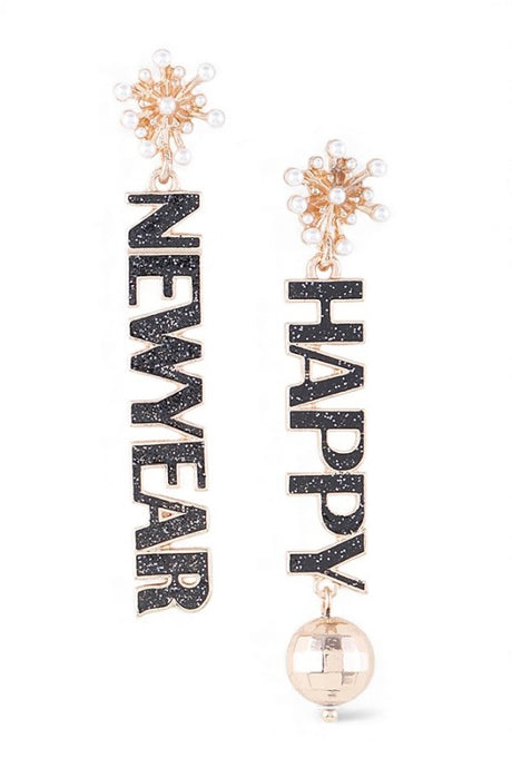 Earrings with 'NEW YEAR' and 'HAPPY' text on a white background