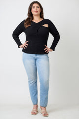 Plus Size Black Ribbed Cutout Top