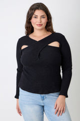 Plus Size Black Ribbed Cutout Top