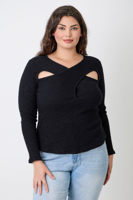 Plus Size Black Ribbed Cutout Top