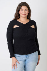 Plus Size Black Ribbed Cutout Top