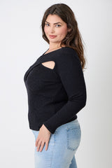 Plus Size Black Ribbed Cutout Top