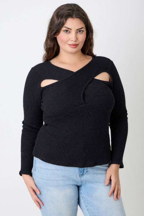 Plus Size Black Ribbed Cutout Top