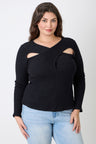 Plus Size Black Ribbed Cutout Top