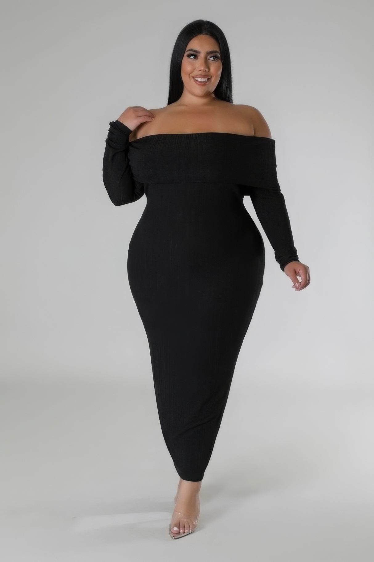Black Plus Size Long Sleeve Off Shoulder Maxi Dress