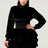 Woman wearing Black Ruffle Long Sleeve Mini Dress
