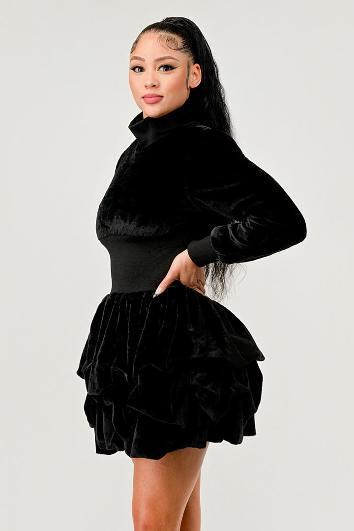 Side view of woman wearing Ruffle Long Sleeve Mini Dress