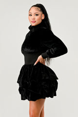 Side view of woman wearing Ruffle Long Sleeve Mini Dress