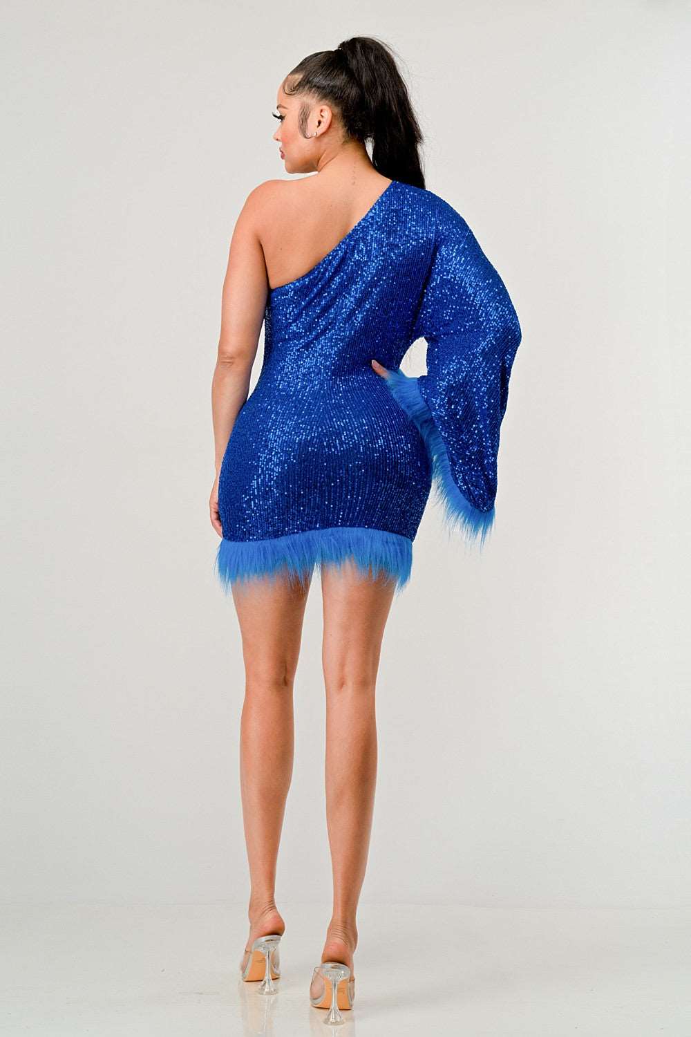 Azure Allure One-Shoulder Dress: Blue Sequin Feather Party Mini Dress