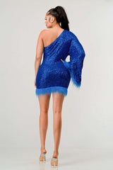 Azure Allure One-Shoulder Dress: Blue Sequin Feather Party Mini Dress