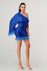 Azure Allure One-Shoulder Dress: Blue Sequin Feather Party Mini Dress