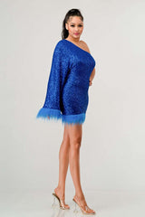 Azure Allure One-Shoulder Dress: Blue Sequin Feather Party Mini Dress