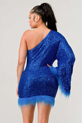 Azure Allure One-Shoulder Dress: Blue Sequin Feather Party Mini Dress
