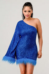 Azure Allure One-Shoulder Dress: Blue Sequin Feather Party Mini Dress