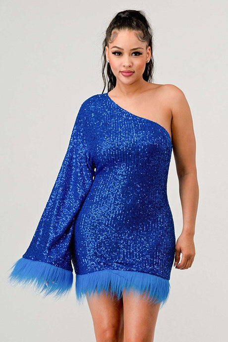 Azure Allure One-Shoulder Dress: Blue Sequin Feather Party Mini Dress