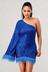 Azure Allure One-Shoulder Dress: Blue Sequin Feather Party Mini Dress
