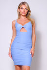front view of blue Spaghetti strap twist front cutout ruched mini dress