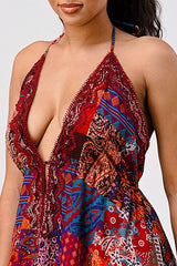 multi color Boho Print Sequin Trim Maxi Dress