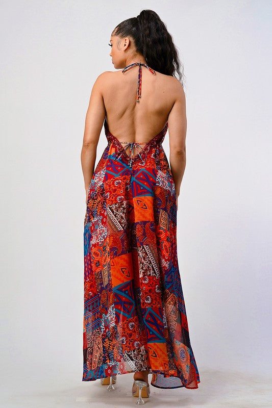 multi color Boho Print Sequin Trim Maxi Dress