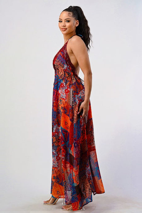 multi color Boho Print Sequin Trim Maxi Dress
