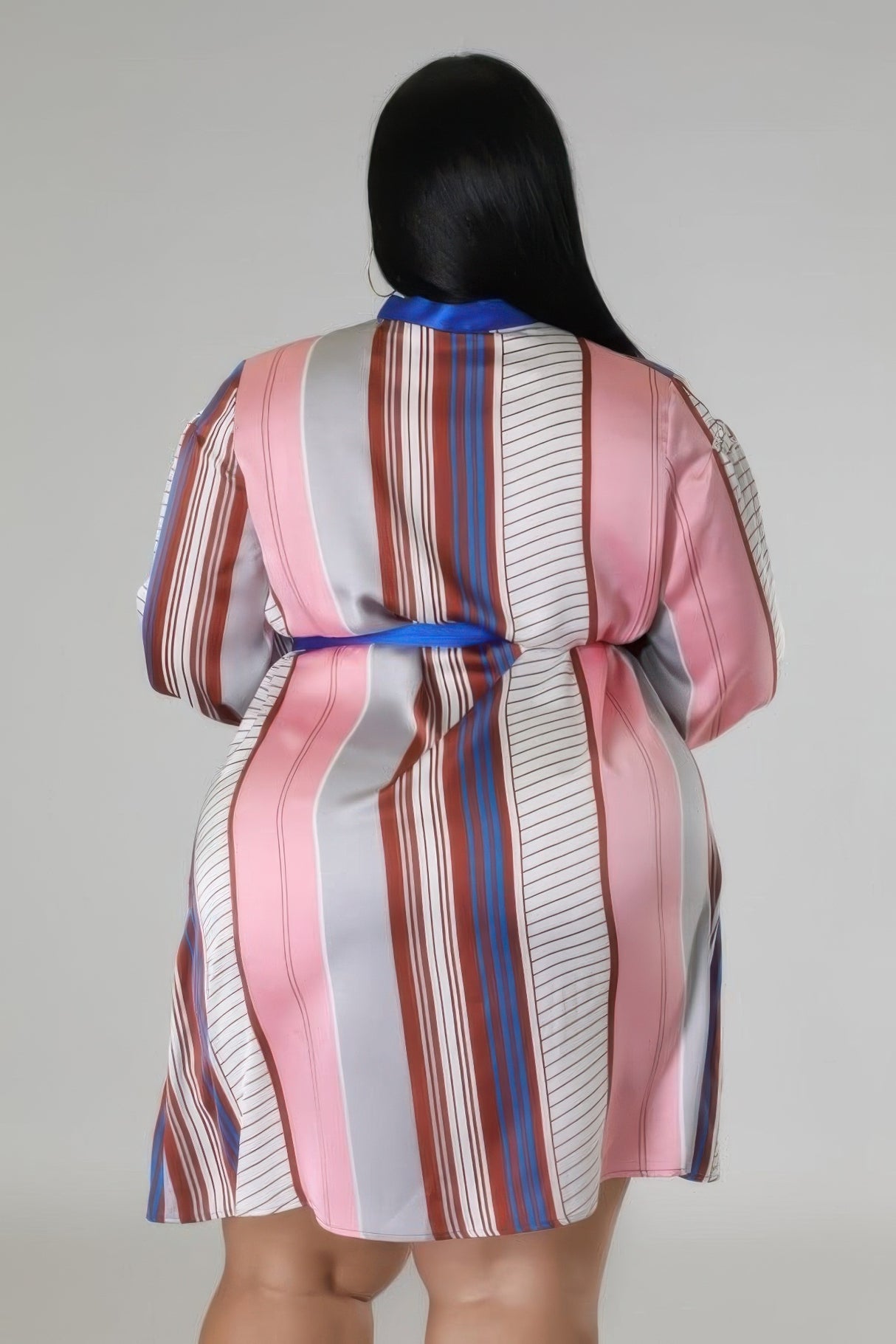 Brown and Blue Plus Size Striped Self Tie Dress back