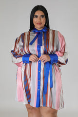 Brown and Blue Plus Size Striped Self Tie Dress front