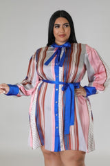 Brown and Blue Plus Size Striped Self Tie Dress