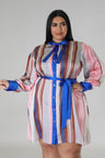 Brown and Blue Plus Size Striped Self Tie Dress