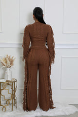 Brown Sweater Knit Fringe Pant Set back