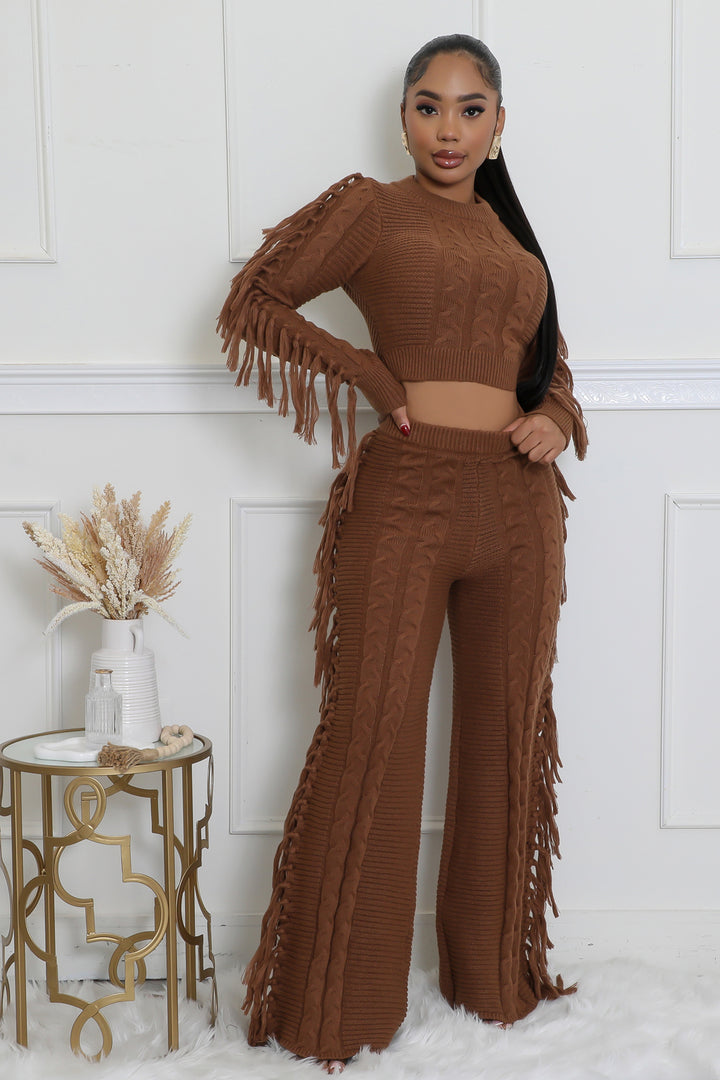 Brown Sweater Knit Fringe Pant Set