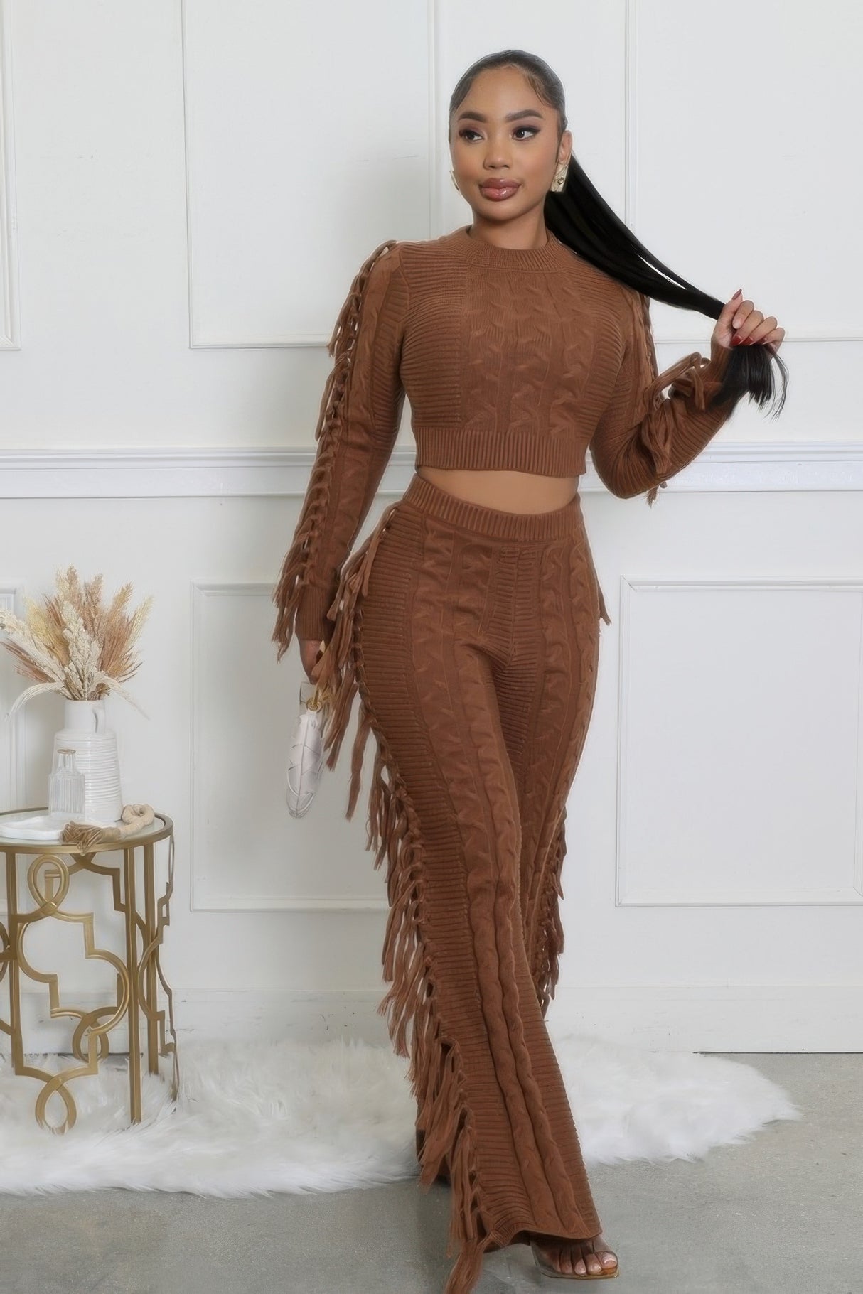 Brown Sweater Knit Fringe Pant Set front