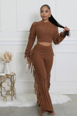 Brown Sweater Knit Fringe Pant Set front