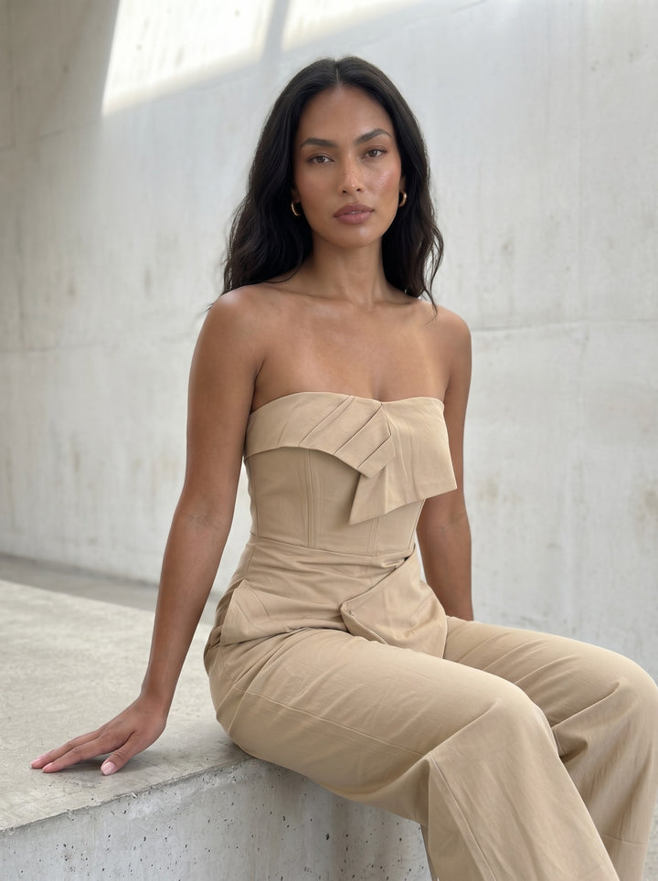 Camel Strapless Wide-Leg Jumpsuit – Divva Style