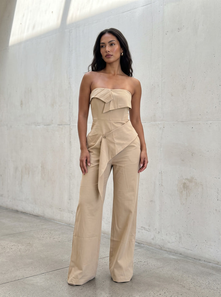 Camel Strapless Tailored Wide-Leg Jumpsuit