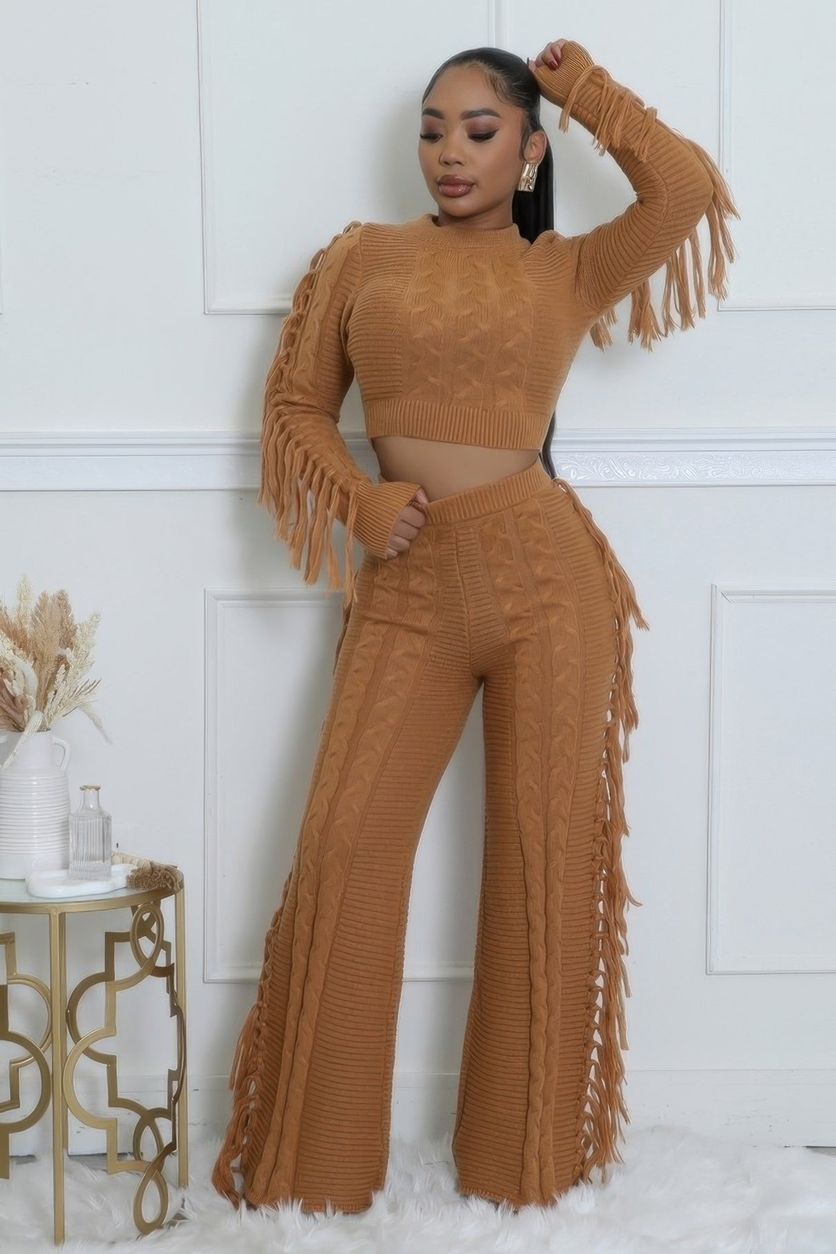 Camel Sweater Knit Fringe Pant Set front