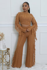 Camel Sweater Knit Fringe Pant Set