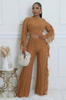 Camel Sweater Knit Fringe Pant Set