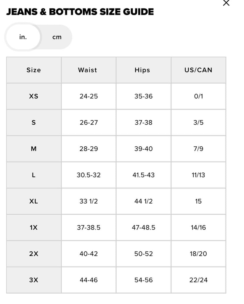 Size guide for jeans and bottoms with measurements in inches and centimeters.