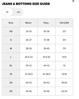 Size guide for jeans and bottoms with measurements in inches and centimeters.